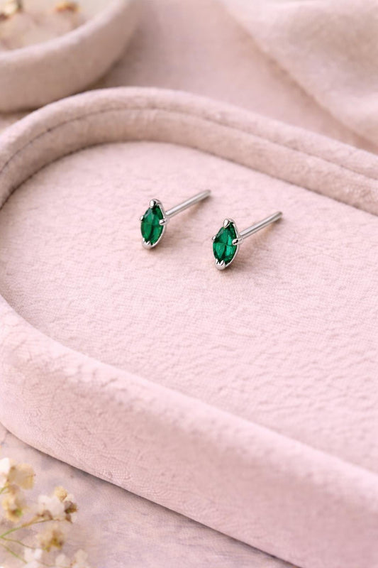 Green CZ Stud Earrings | 925 Sterling Silver Marquise Studs | Minimal Dainty Emerald Look Jewelry