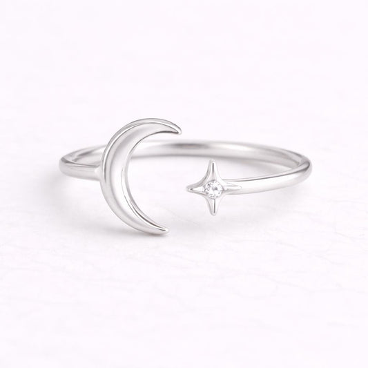 925 Sterling Silver Moon Star Ring Minimal Celestial Open Ring Tiny CZ Diamond Adjustable