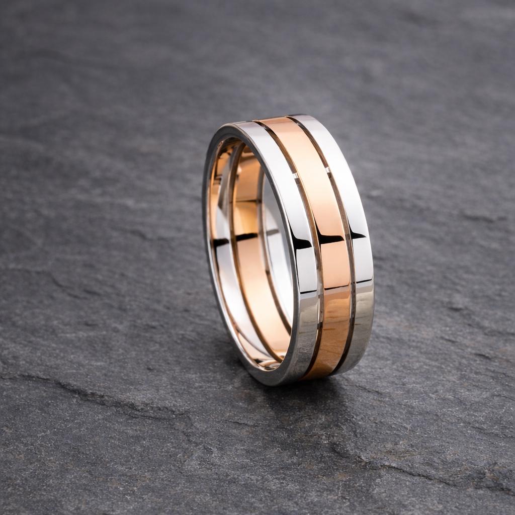 Sterling Silver Band Ring â Rose Gold Stripe, Unisex Wedding Jewelry