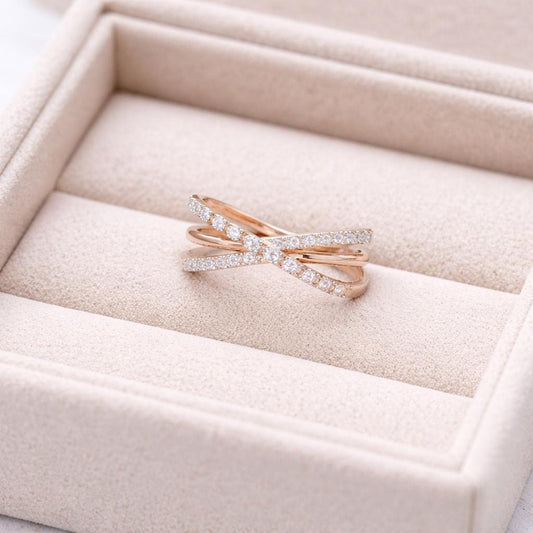Sterling Silver Criss Cross Ring Pave CZ Minimalist Band