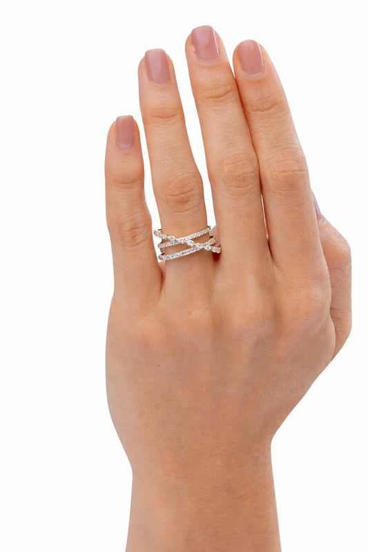 Sterling Silver Criss Cross Ring Pave CZ X Band