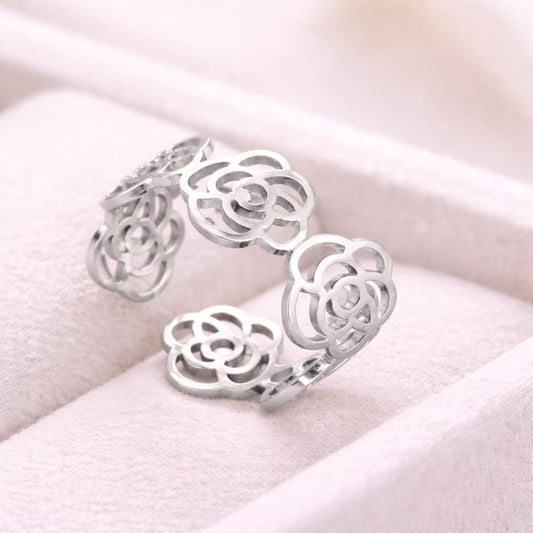 925 Silver Rose Flower Ring Open Floral Adjustable Minimal Jewelry