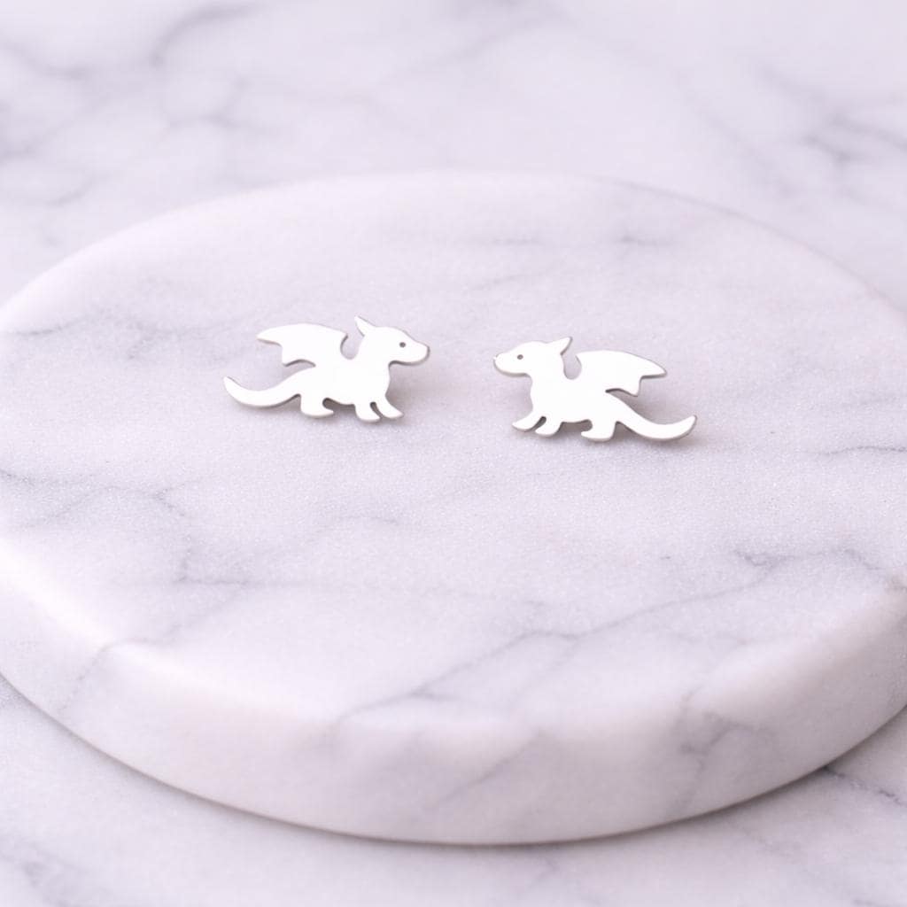 Sterling Silver Winged Dragon Stud Earrings â Fantasy Animal Jewelry