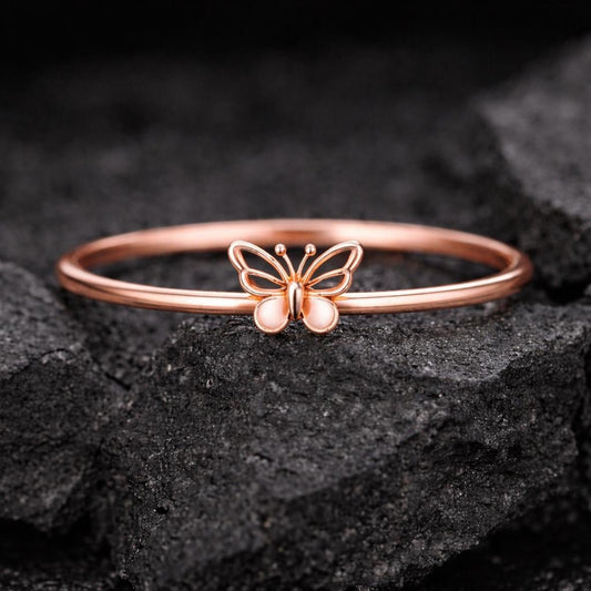 925 Sterling Silver Butterfly Ring Dainty Minimal Nature Band Gift for Her