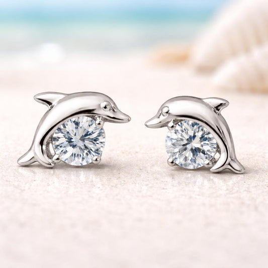 925 Sterling Silver Dolphin Stud Earrings CZ Ocean Animal Jewelry