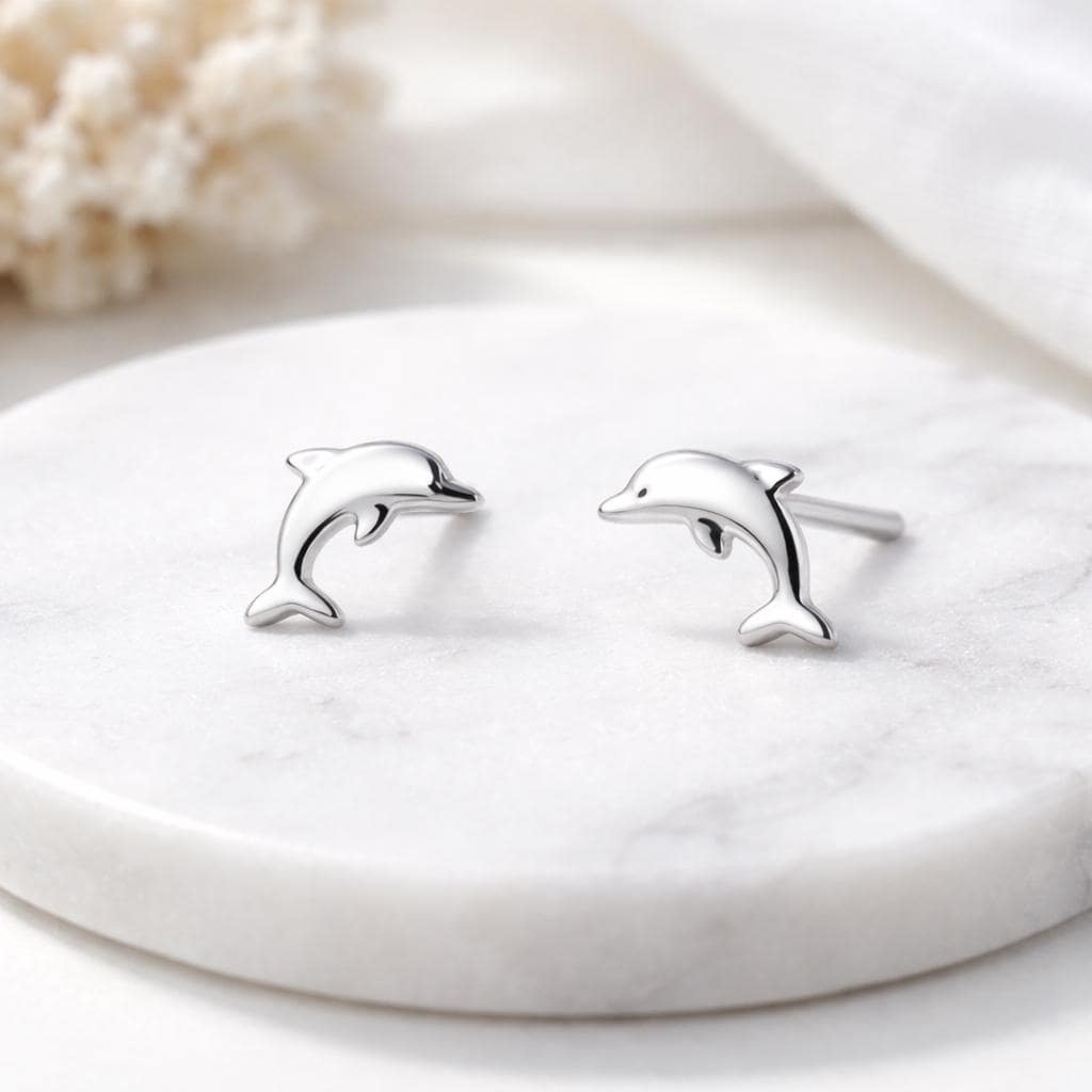 925 Sterling Silver Dolphin Stud Earrings Minimal Ocean Jewelry