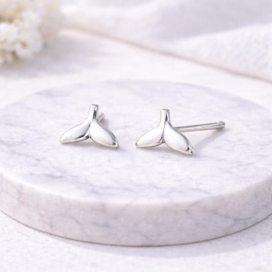 Sterling Silver Whale Tail Stud Earrings, Minimalist Ocean Jewelry