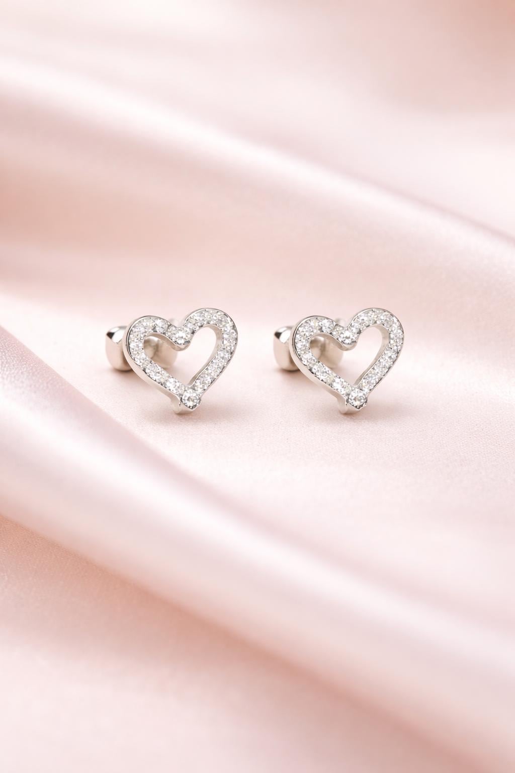 925 Silver CZ Heart Stud Earrings Minimal Love Crystal Studs Gift