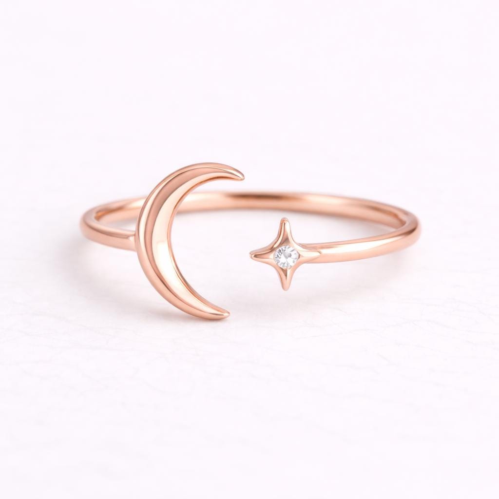 925 Sterling Silver Moon Star Ring â Minimal Celestial Open Ring â Tiny CZ Diamond Adjustable