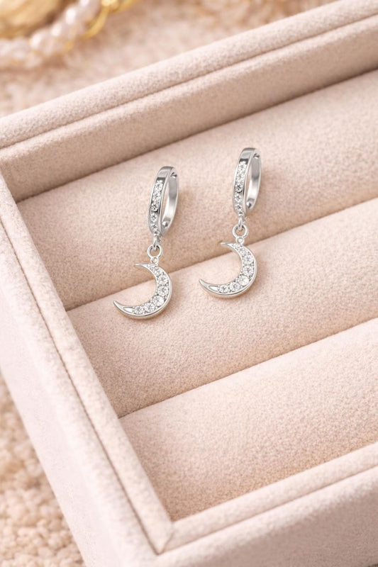 Sterling Silver CZ Moon Huggie Earrings Celestial Dangle Hoops