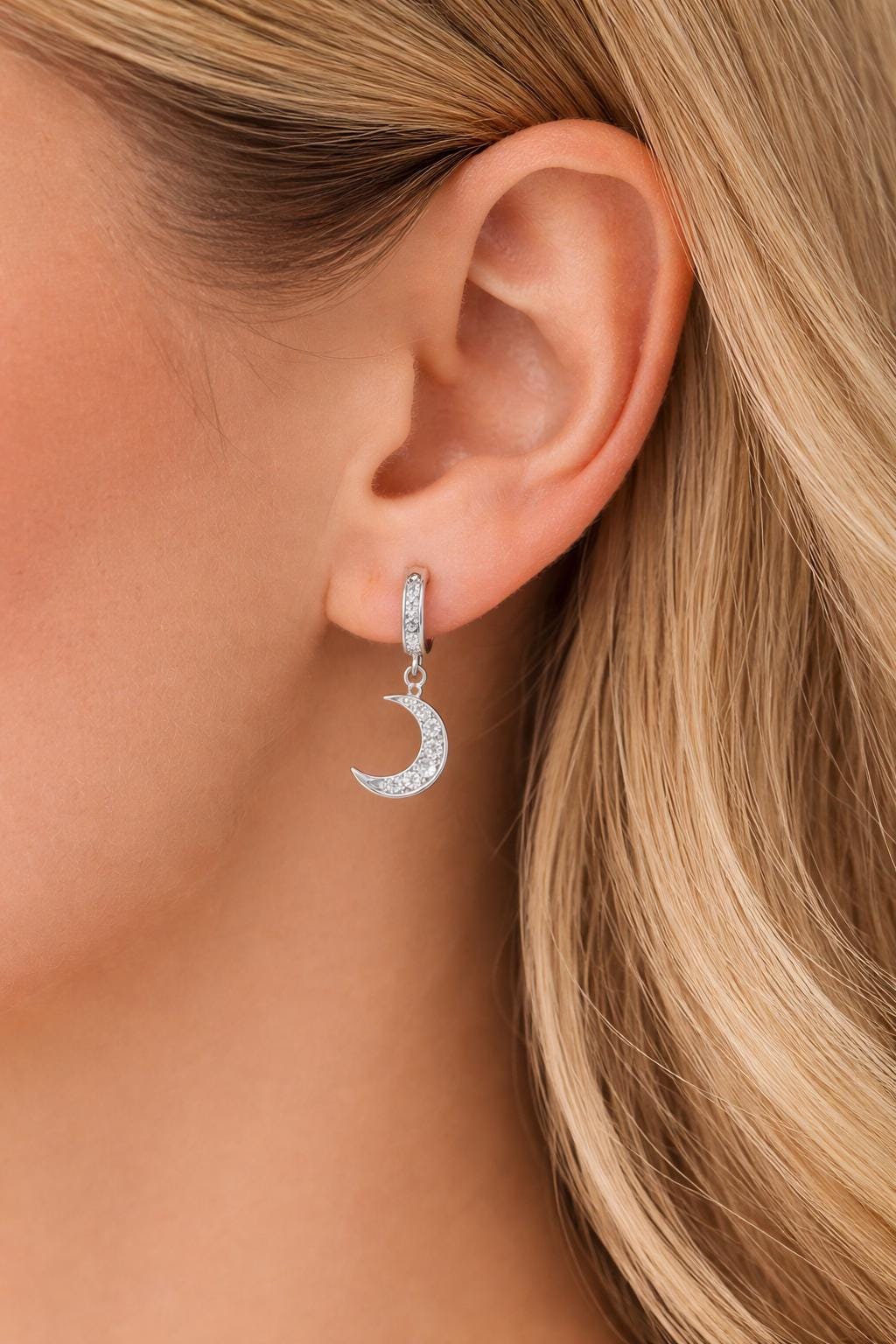 Sterling Silver CZ Moon Huggie Earrings â Celestial Dangle Hoops