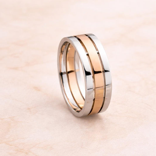 Sterling Silver Band Ring Rose Gold Stripe, Unisex Wedding Jewelry