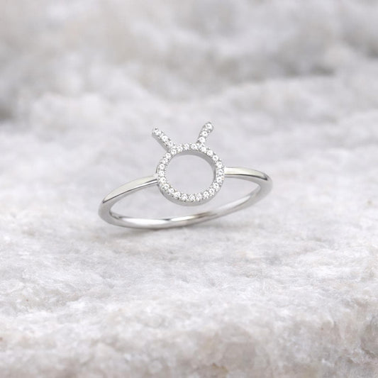Taurus Zodiac Ring 925 Sterling Silver Pave CZ Bull Horn Astrology Jewelry