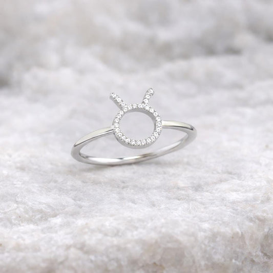 Taurus Zodiac Ring 925 Sterling Silver – Pavé CZ Bull Horn Astrology Jewelry