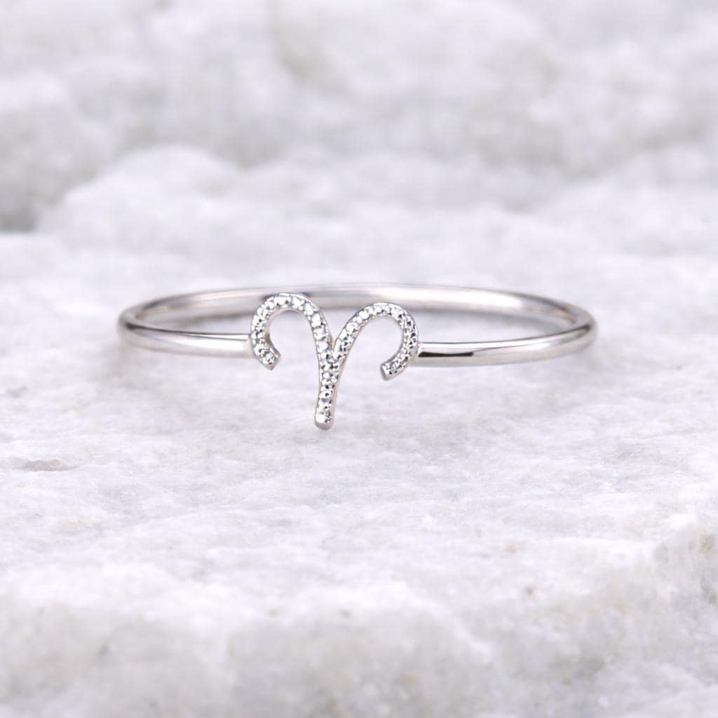 Sterling Silver Aries Zodiac Ring, Minimal Astrology Band, March April Birthstone Jewelry