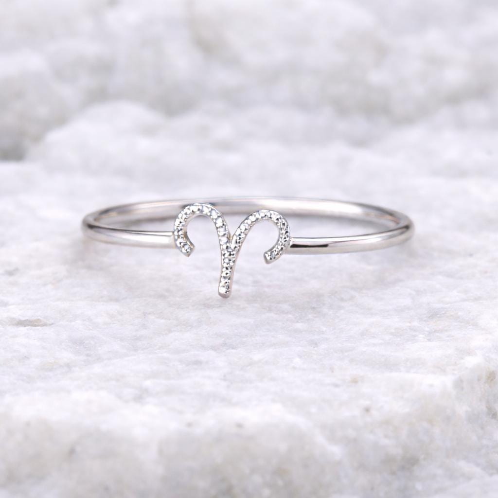 Sterling Silver Aries Zodiac Ring, Minimal Astrology Band, March April Birthstone Jewelry