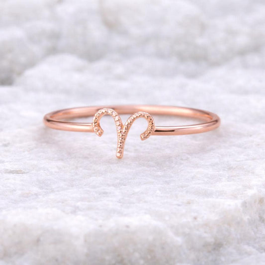 Sterling Silver Aries Zodiac Ring, Minimal Astrology Band, March April Birthstone Jewelry