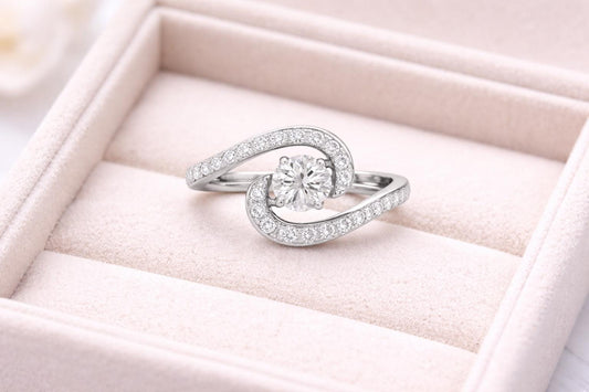Sterling Silver Swirl Ring Round CZ Pave Bypass Design
