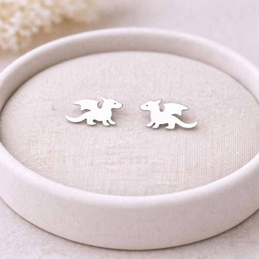 Sterling Silver Winged Dragon Stud Earrings Fantasy Animal Jewelry