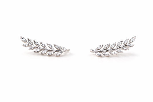 Sterling Silver Leaf Ear Climber Earrings, Marquise CZ Vine Branch Jewelry