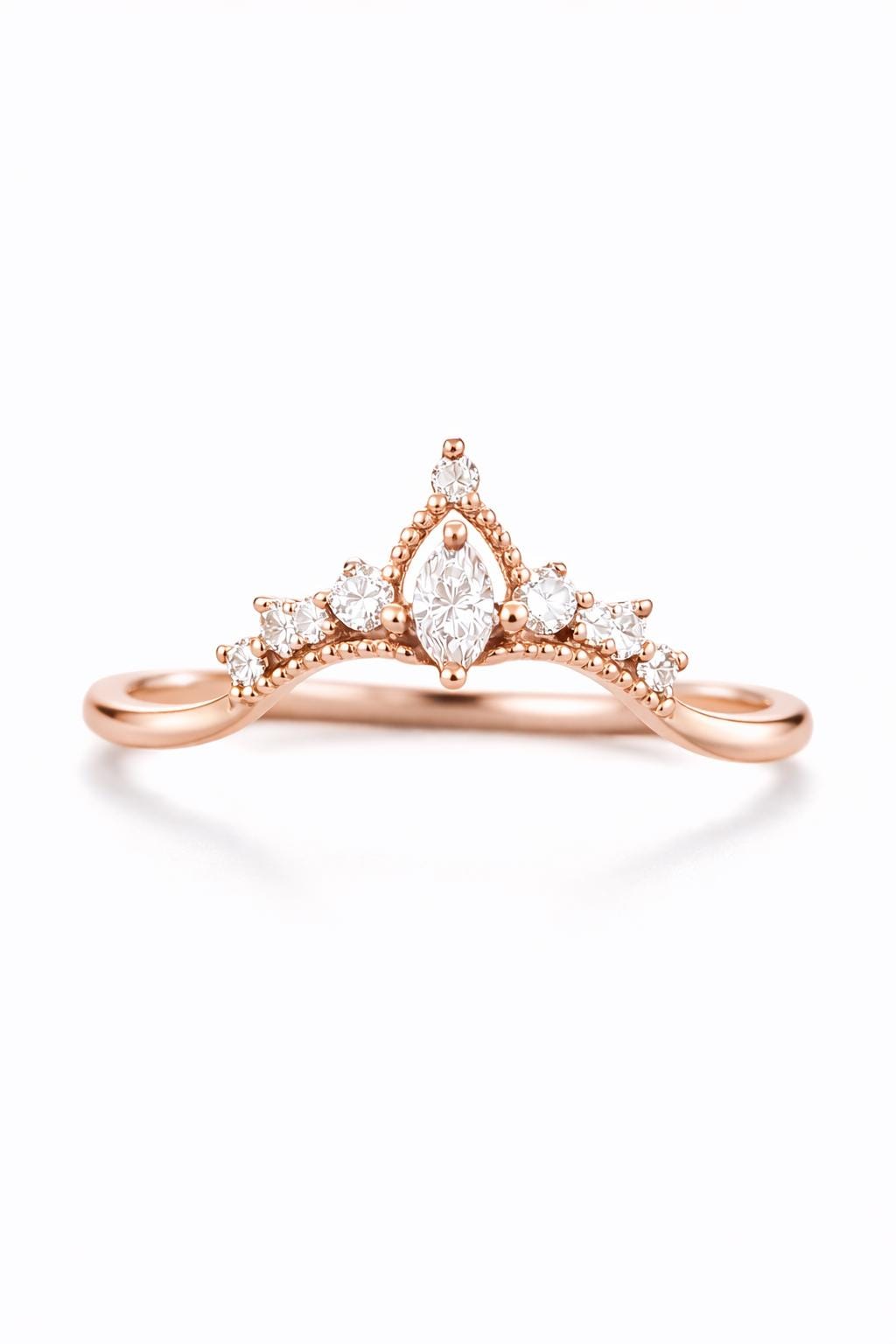 Sterling Silver Marquise CZ Crown Ring, Chevron Wedding Band, Stacking Bridal Jewelry
