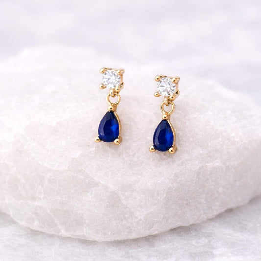 Sapphire Blue CZ Sterling Silver Drop Earrings Dainty Wedding Jewelry