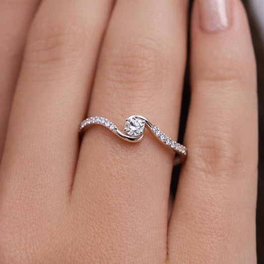 925 Sterling Silver Wave CZ Ring, Minimalist Pave Band, Promise Engagement Ring