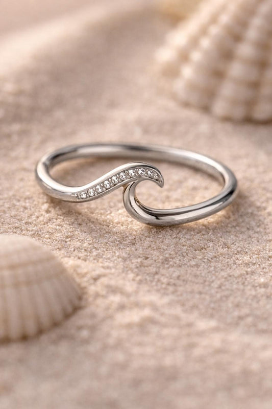 Sterling Silver Wave CZ Ring, Minimalist Beach Band, Ocean Inspired Jewelry