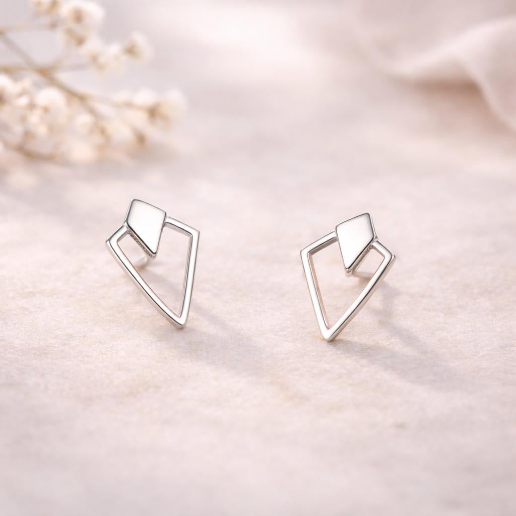 Sterling Silver Double Triangle Geometric Stud Earrings â Modern Minimalist Design