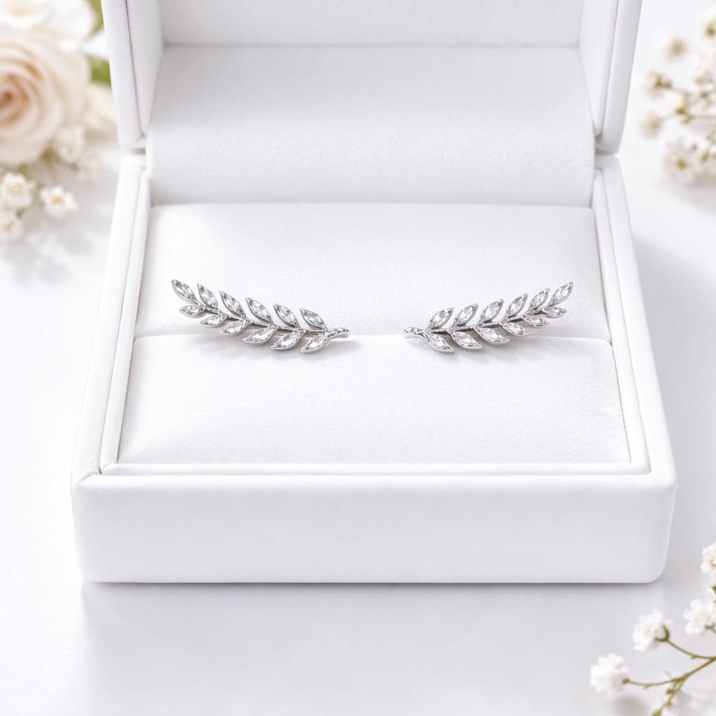 Sterling Silver Leaf Ear Climber Earrings, Marquise CZ Vine Branch Jewelry