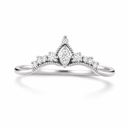 Sterling Silver Marquise CZ Crown Ring, Chevron Wedding Band, Stacking Bridal Jewelry