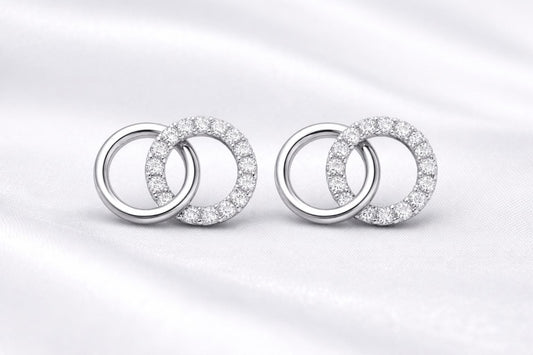 925 Sterling Silver Double Circle CZ Stud Earrings, Minimalist Geometric Pave Design