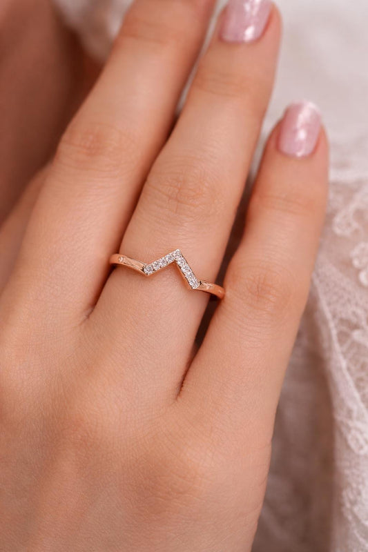 925 Sterling Silver Chevron CZ Ring, Minimalist V Shape Stacking Band