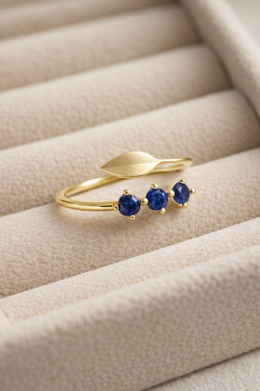 Sterling Silver Blue CZ Leaf Open Ring, Trio Stone Adjustable Band