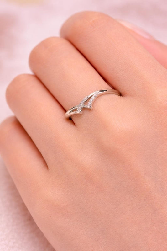 925 Sterling Silver Double Chevron Ring, Pave CZ V Shape Stackable Band