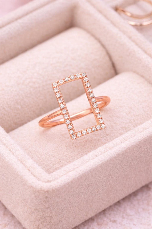 925 Sterling Silver Rectangle Ring, Pave CZ Geometric Open Frame, Minimalist Stackable Jewelry