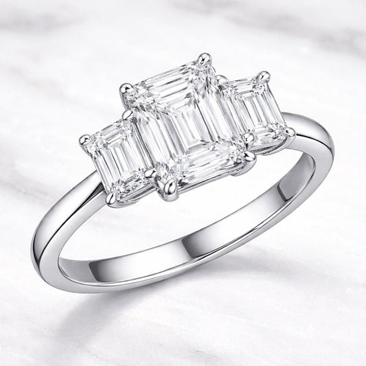 Emerald Cut Moissanite Three Stone Ring, 925 Sterling Silver Engagement Ring