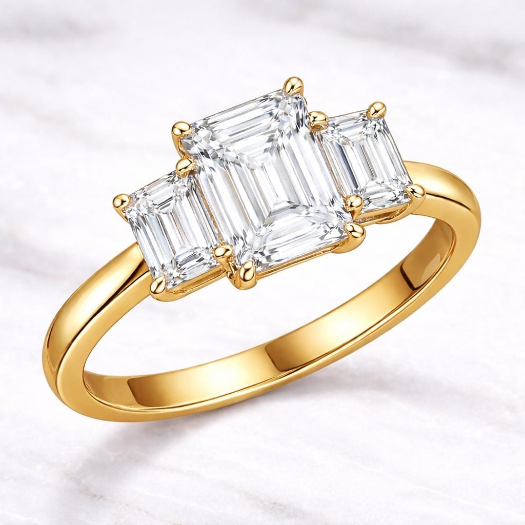 Emerald Cut Moissanite Three Stone Ring, 925 Sterling Silver Engagement Ring