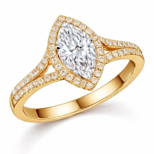 925 Sterling Silver Marquise CZ Halo Ring, Split Shank Engagement, Diamond Look Bridal Jewelry