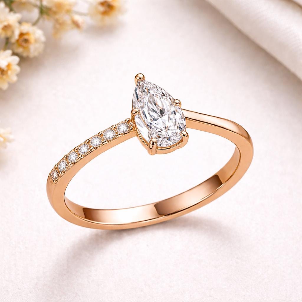 925 Sterling Silver Pear Cut CZ Ring, Teardrop Solitaire Engagement Ring