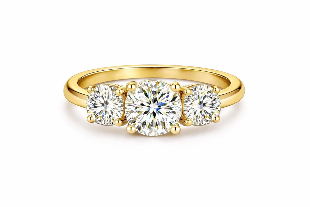 925 Sterling Silver Moissanite Three Stone Ring, Round Cut Engagement Trilogy Band