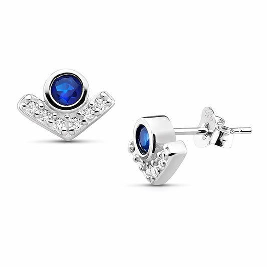 925 Sterling Silver Blue CZ Geometric Chevron Stud Earrings, Minimal Dainty Sapphire CZ