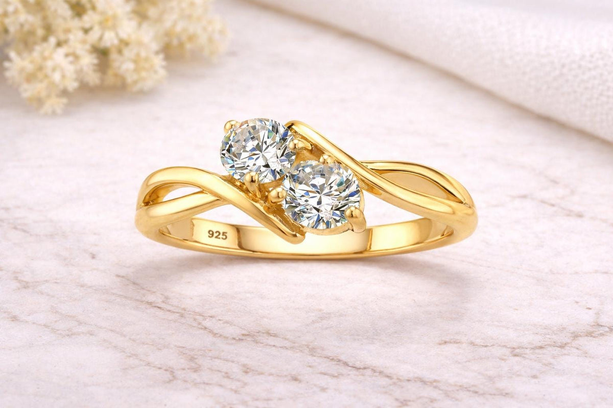 Sterling Silver Moissanite Two-Stone Bypass Ring, Round Cut Dainty Minimalist Promise Ring