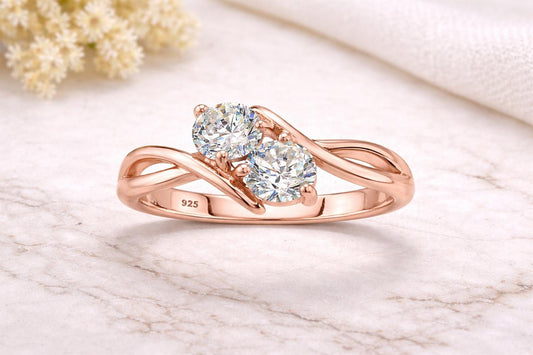 Sterling Silver Moissanite Two-Stone Bypass Ring, Round Cut Dainty Minimalist Promise Ring