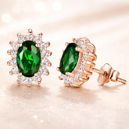 925 Sterling Silver Emerald Green Oval Halo Stud Earrings, Diamond Look, Gift for Her