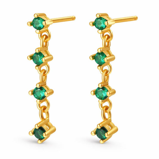 925 Sterling Silver Emerald Green CZ Drop Chain Earrings, Minimal Dangle Style