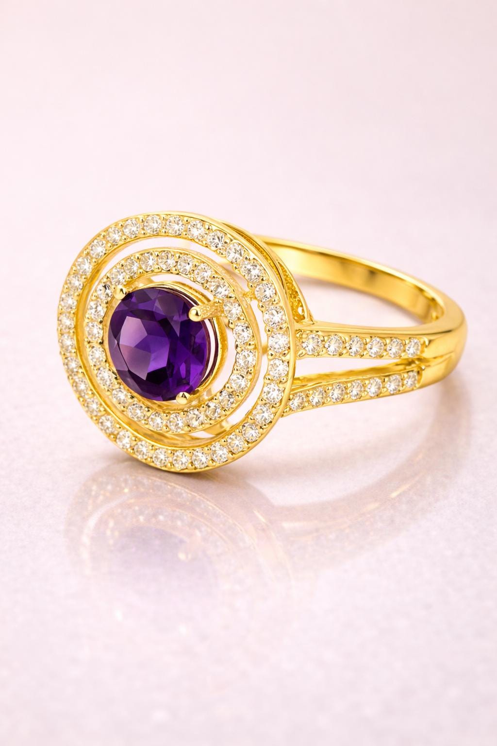 925 Sterling Silver Oval Amethyst Double Halo Ring, Vintage Style Statement Ring
