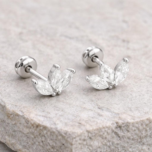 925 Sterling Silver Leaf CZ Stud Earrings, Marquise Cut, Minimal Floral Design
