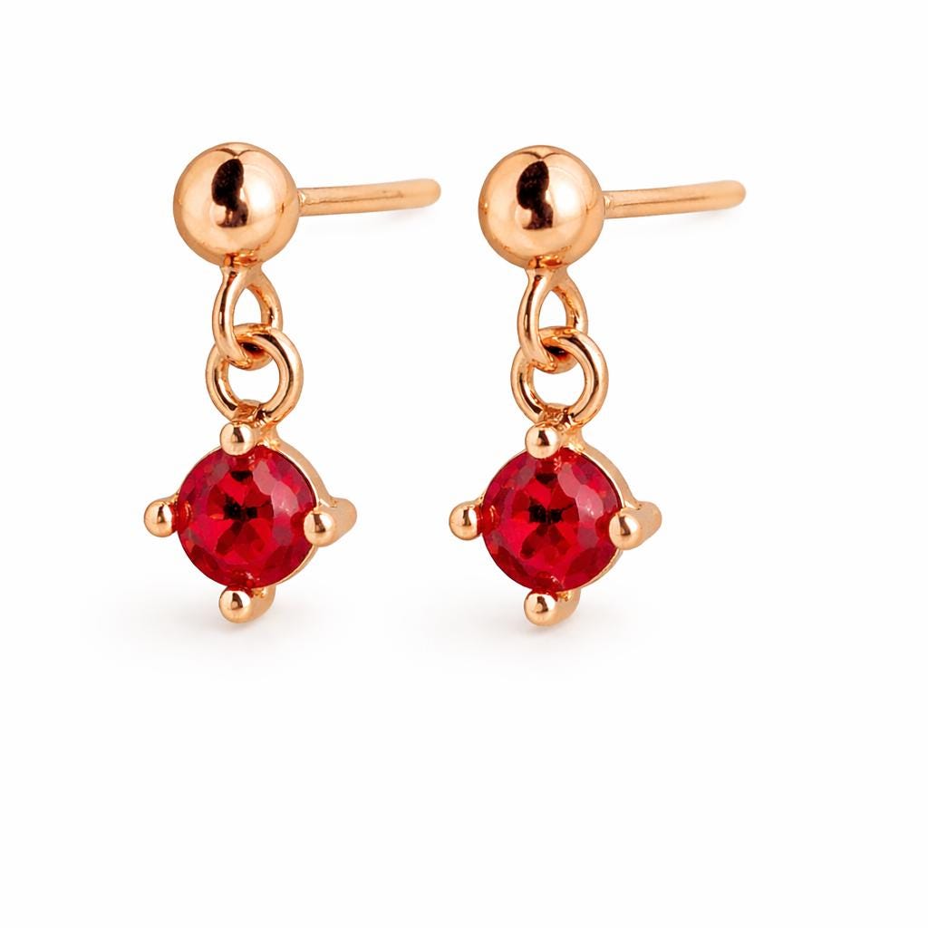 925 Sterling Silver Garnet Drop Earrings, Round Cut Red Stone Dangle Studs