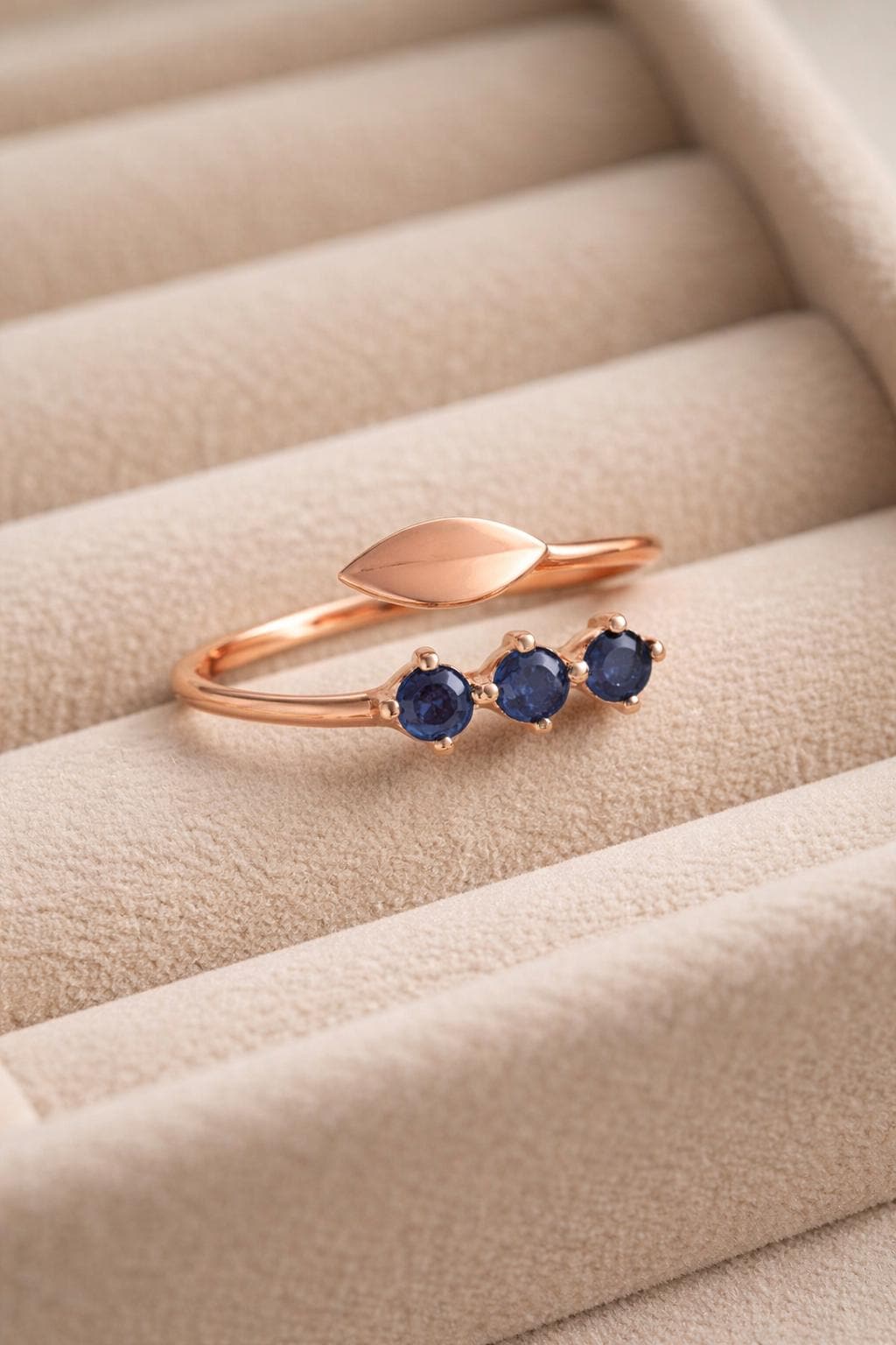 Sterling Silver Blue CZ Leaf Open Ring, Trio Stone Adjustable Band
